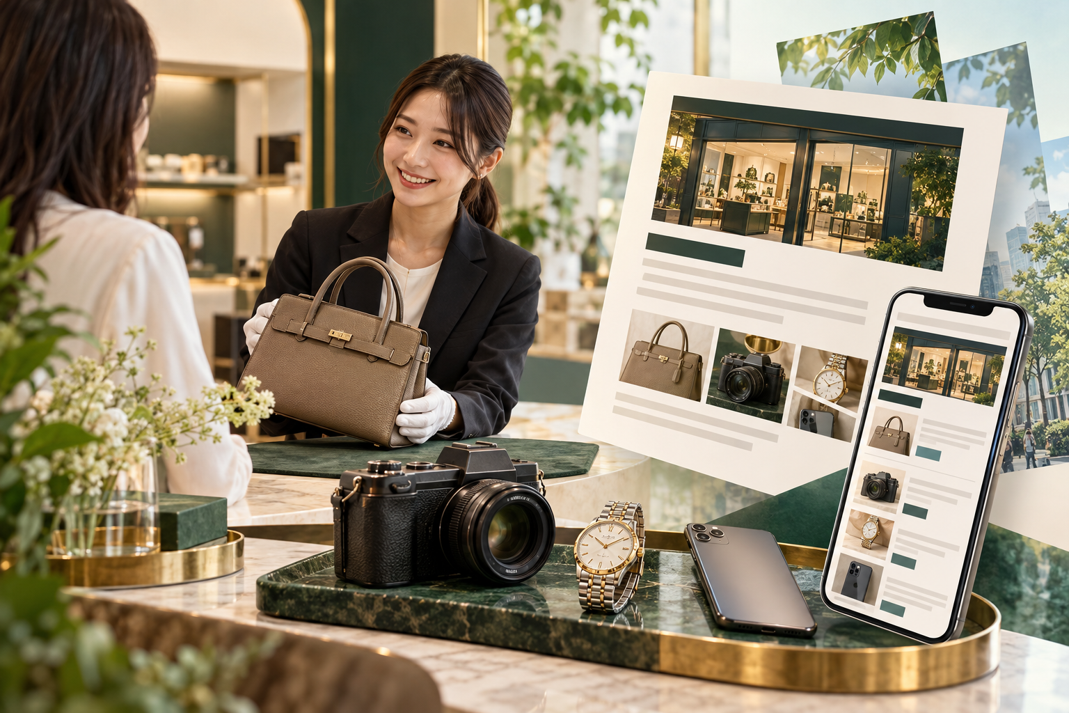 買取店での相談と、店舗情報を届けるメディアのイメージ