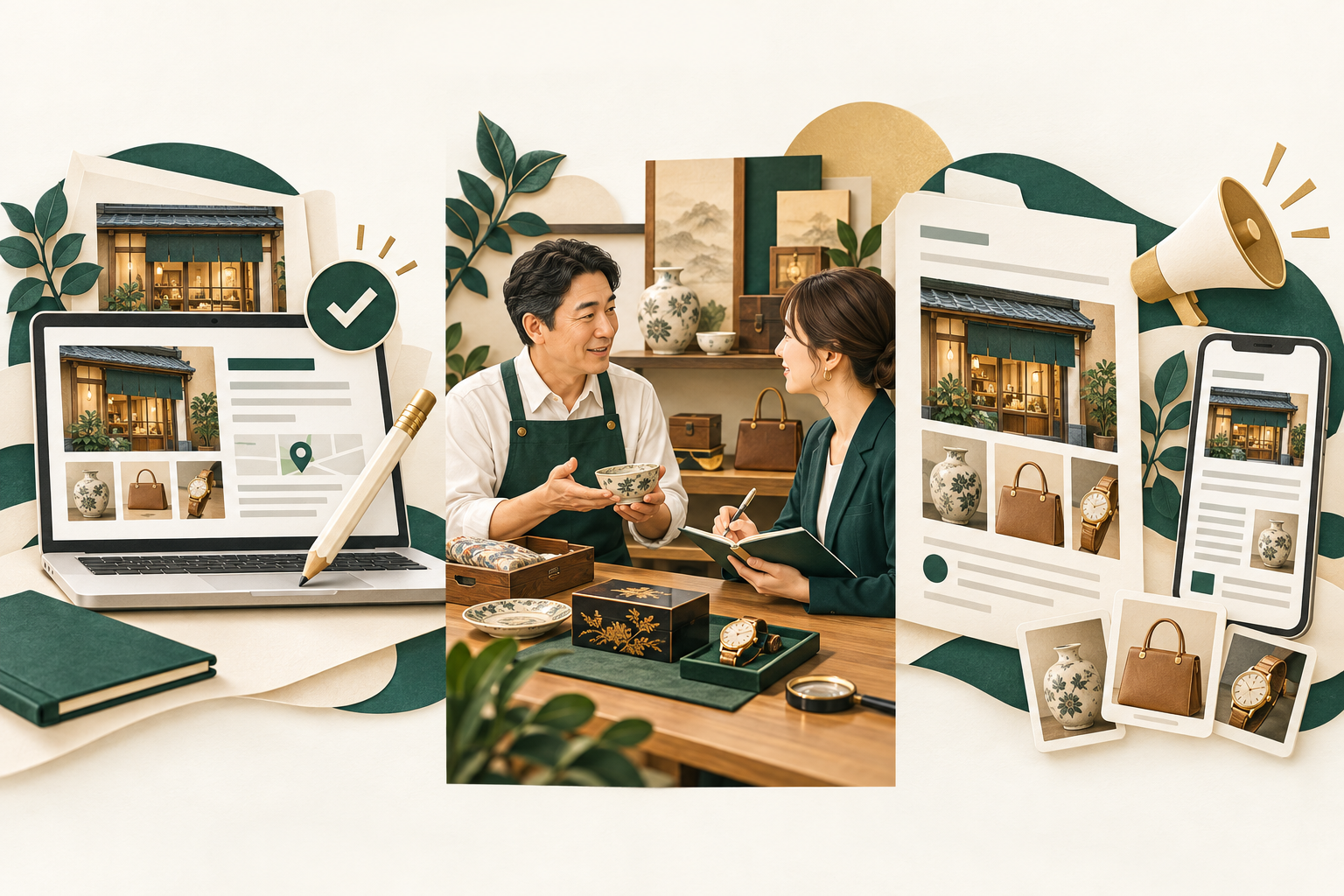 店舗情報の更新、取材、広告発信の3つの支援を表すイメージ