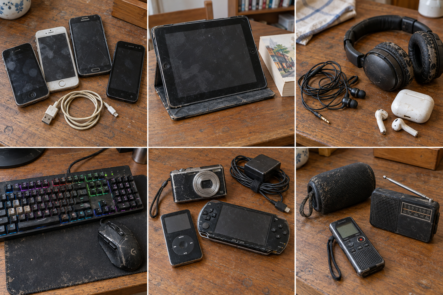 ホームボタン付きの古いスマホを含む、傷や指紋のある端末の生成イメージ