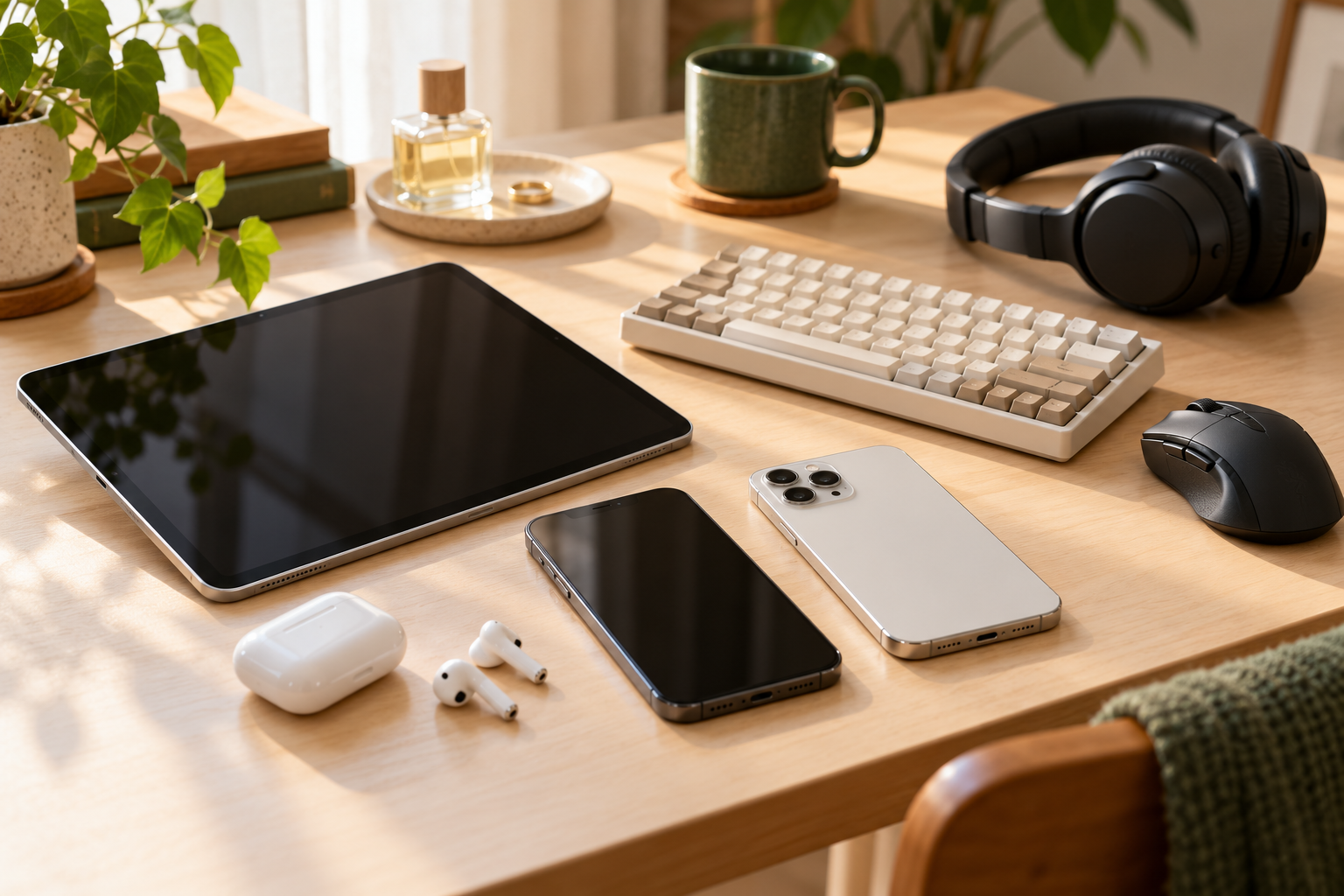 スマートフォン、タブレット、イヤホン、キーボードなどを並べた暮らしのイメージ