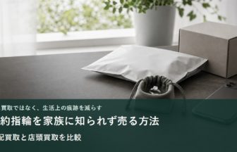 婚約指輪と無地の宅配梱包、スマートフォンを並べたイメージ