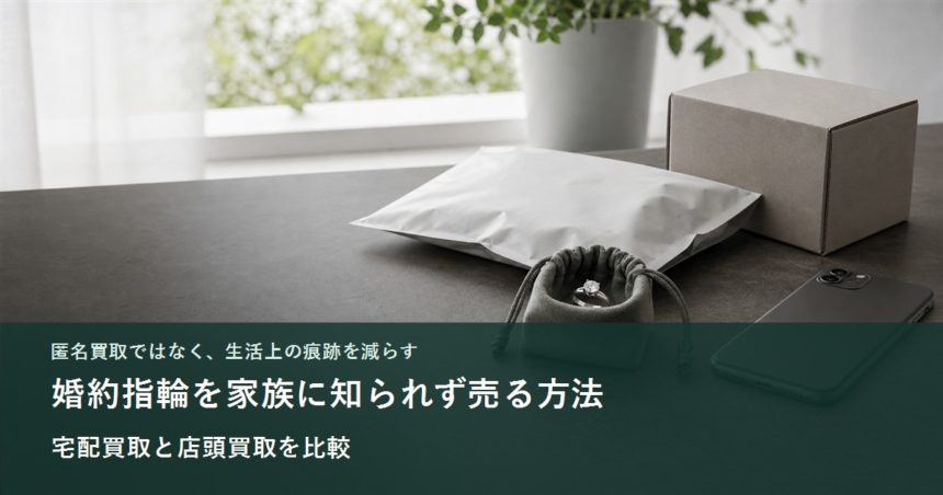 婚約指輪と無地の宅配梱包、スマートフォンを並べたイメージ