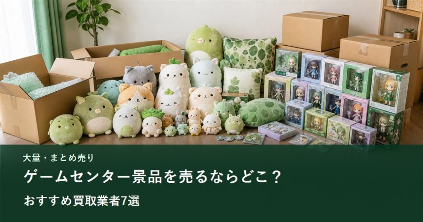 箱にまとめたゲームセンター景品、ぬいぐるみ、フィギュアのイメージ