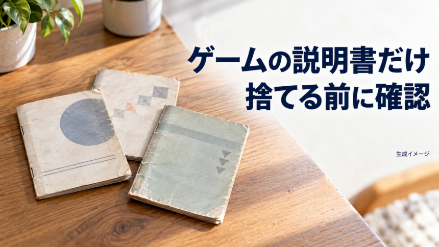 ゲームの説明書だけ、捨てる前に確認。机上に残った架空の冊子を描いた生成イメージ